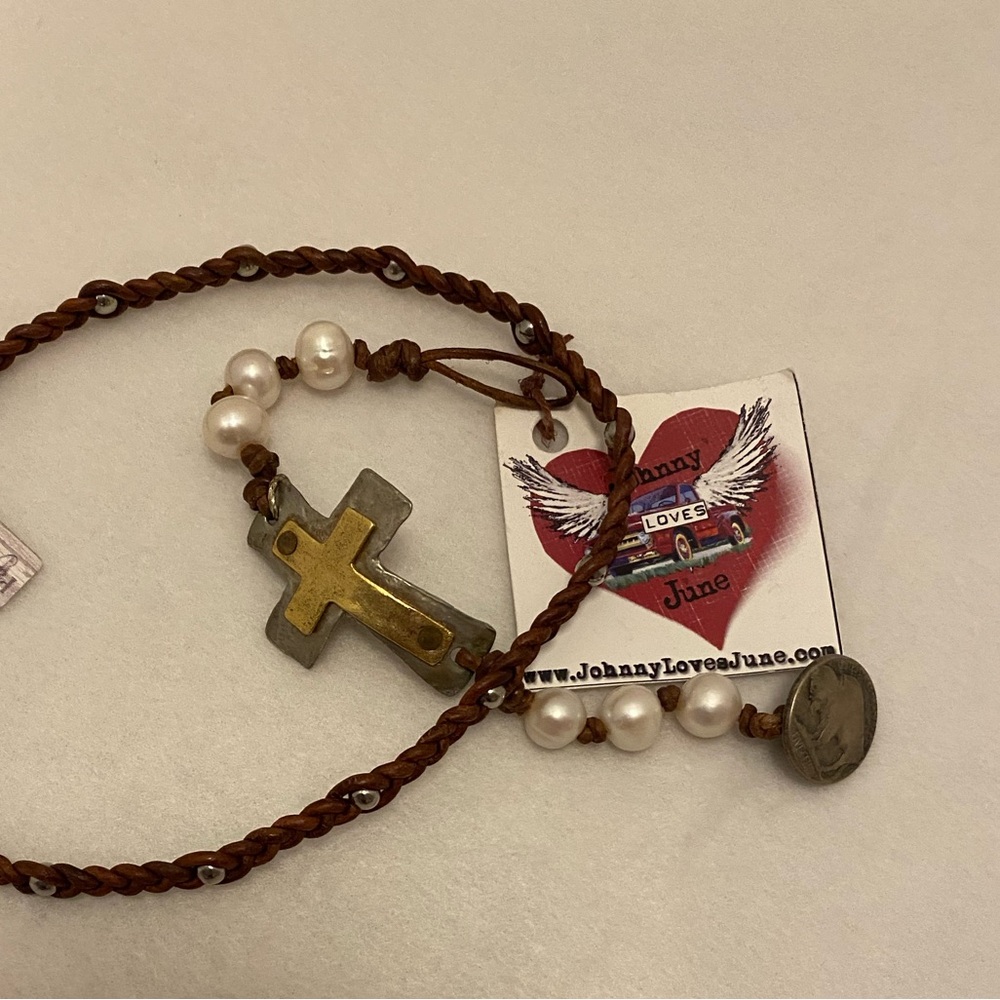 Braided Brown Leather Silver beads. Cross Bracelet.